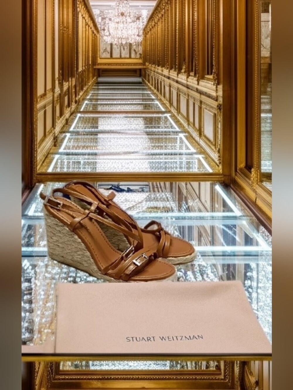 New Georgie Stuart Weitzman Tan Brown Wedge Espadrille Sandals SZ 6.5